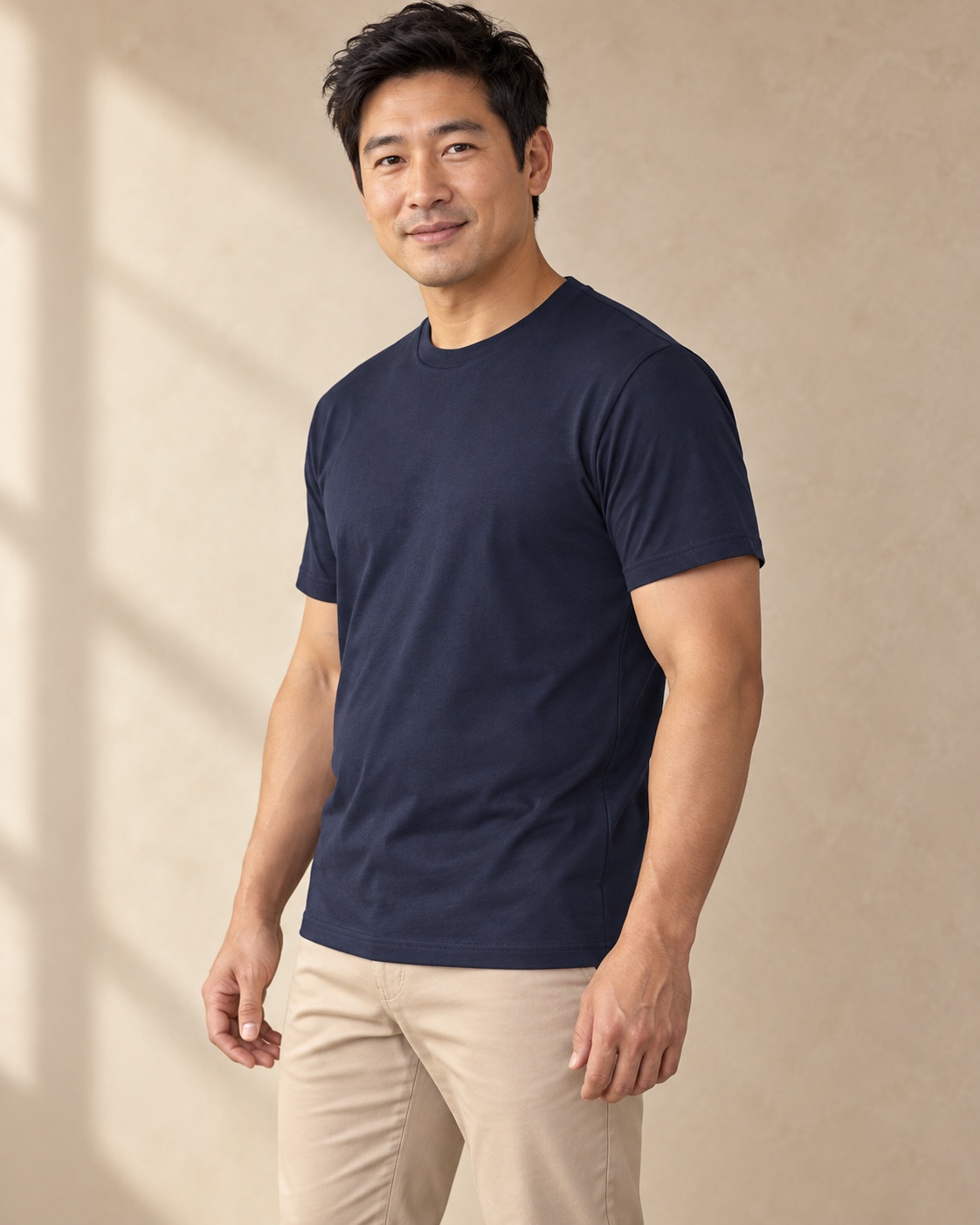 Digitally styled model wearing the Midnight Navy tee